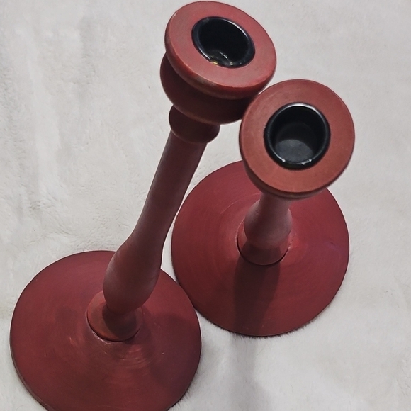 Red Matte Accents Wooden Candle Holders with Turned Design - Picture 2 of 3